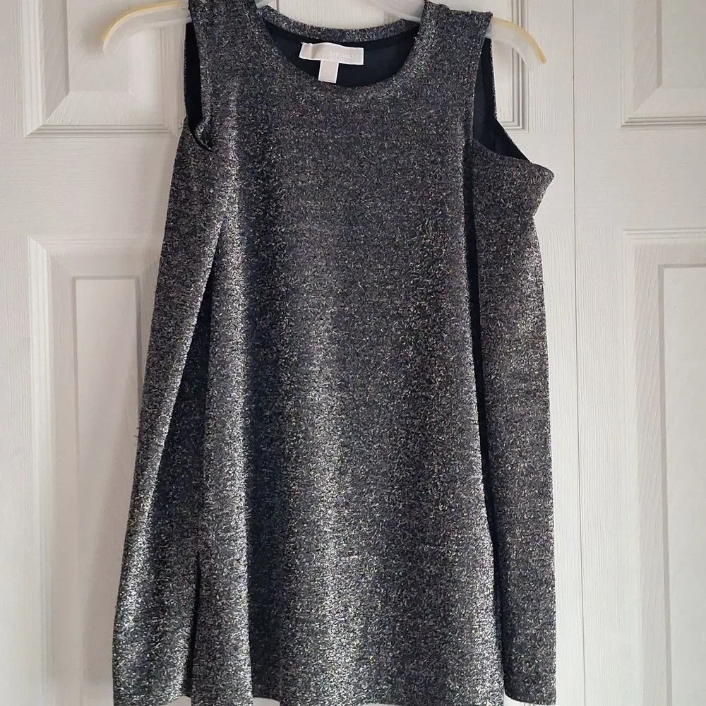 Michael Kors Shimmery Silver Cold Shoulder Sweater Sz M